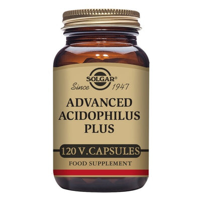 Solgar Advanced Acidophilus 120 capsules brown supplement jar on the white background