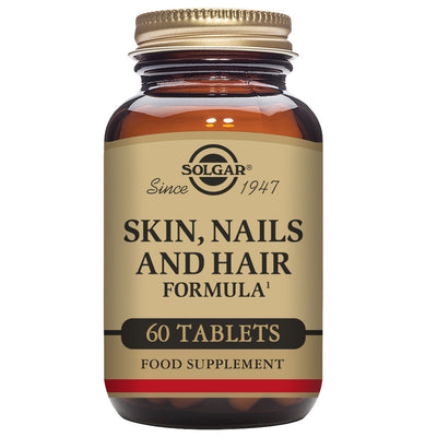 Solgar 60 capsules Hair, Skin and Nails brown supplement jar on the white background