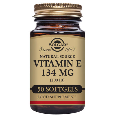 Solgar 50 capsules Vitamin E  and its brown supplement jar on the white background
