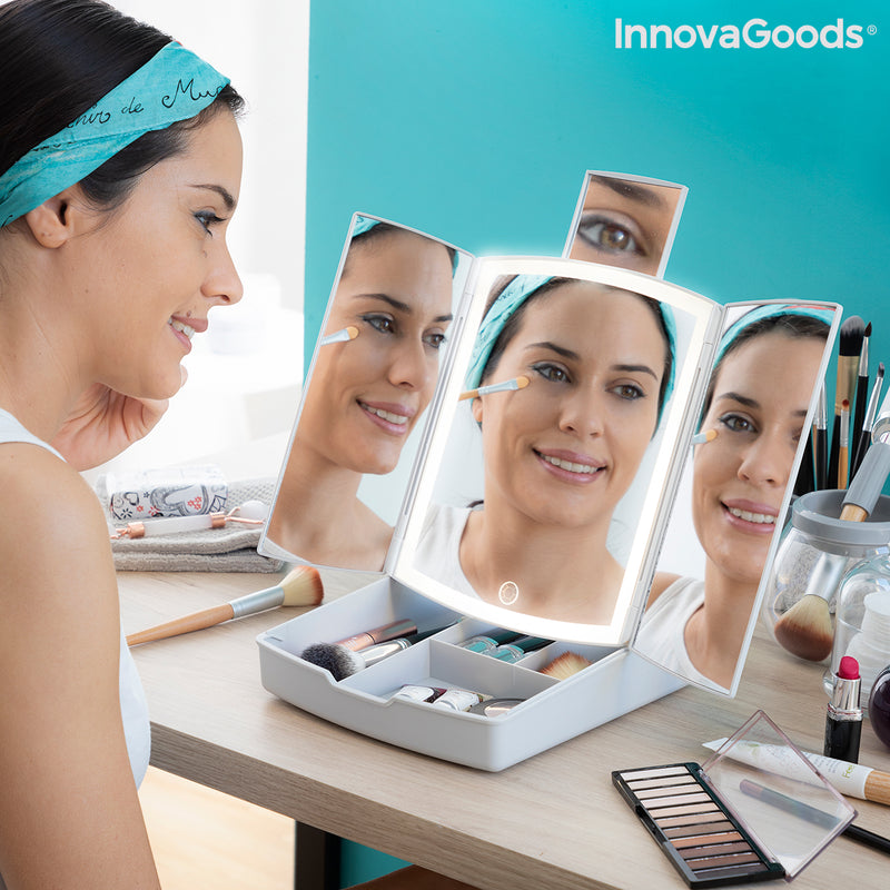 3-in-1 opvouwbare led-spiegel met make-up organizer Panomir InnovaGoods