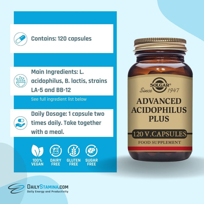 Solgar Advanced Acidophilus jar and information about ingredients, dosage and the number of capsules