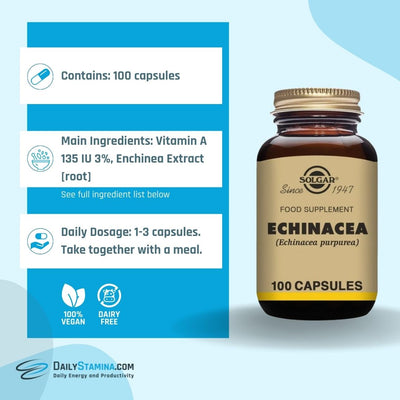 Solgar Echinacea Extract supplement jar and information about ingredients, dosage and the number of capsules