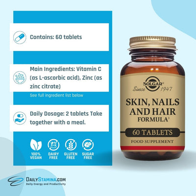Hair, Skin and Nails formula supplement jar and information about ingredients, dosage and the number of capsules