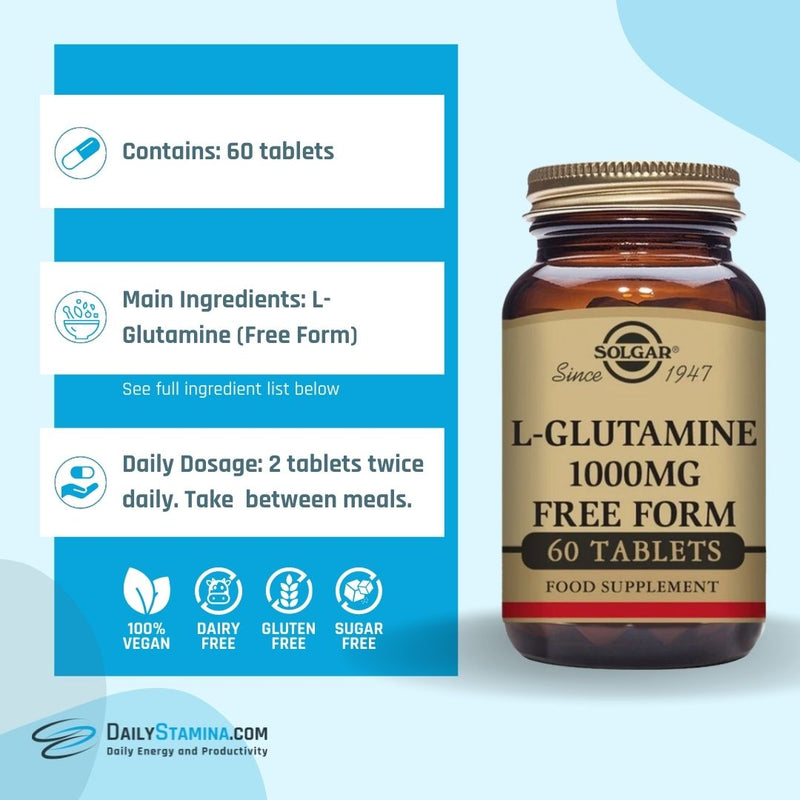 L-Glutamine supplement jar and information about ingredients, dosage and the number of capsules