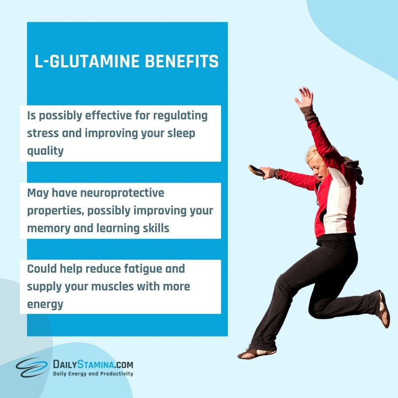 Happy energetic girl and L-Glutamine three benefits for your health