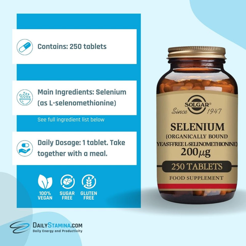 Selenium supplement jar and information about ingredients, dosage and the number of capsules