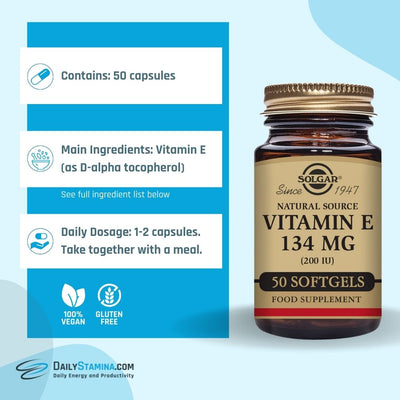 Vitamin E supplement jar and information about ingredients, dosage and the number of capsules