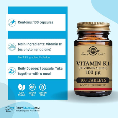 Vitamin K1 supplement jar and information about ingredients, dosage and the number of capsules